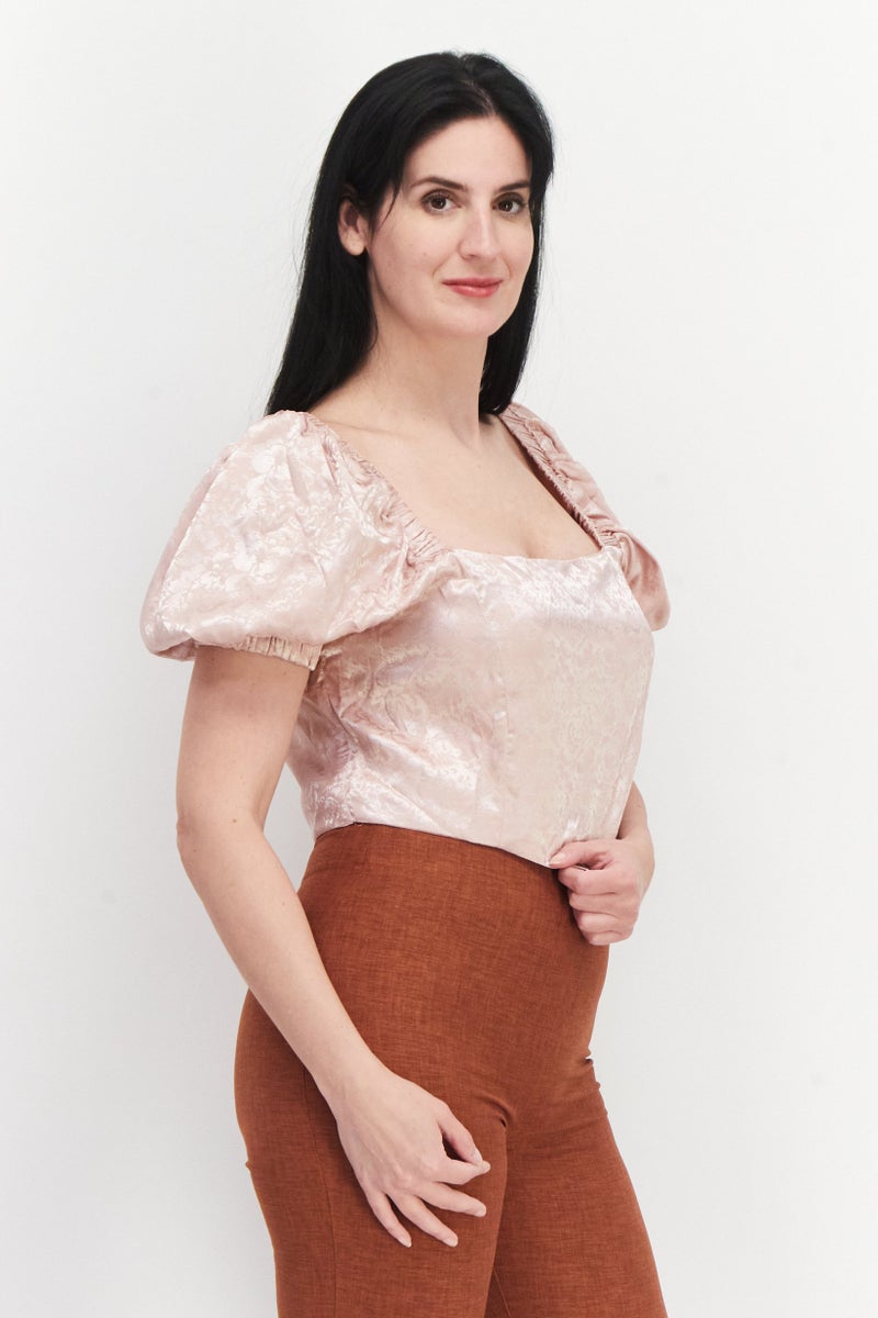 Flounce London Women Square Neck Puffed Sleeve Floral Pattern Top, Rose Pink - Image 2